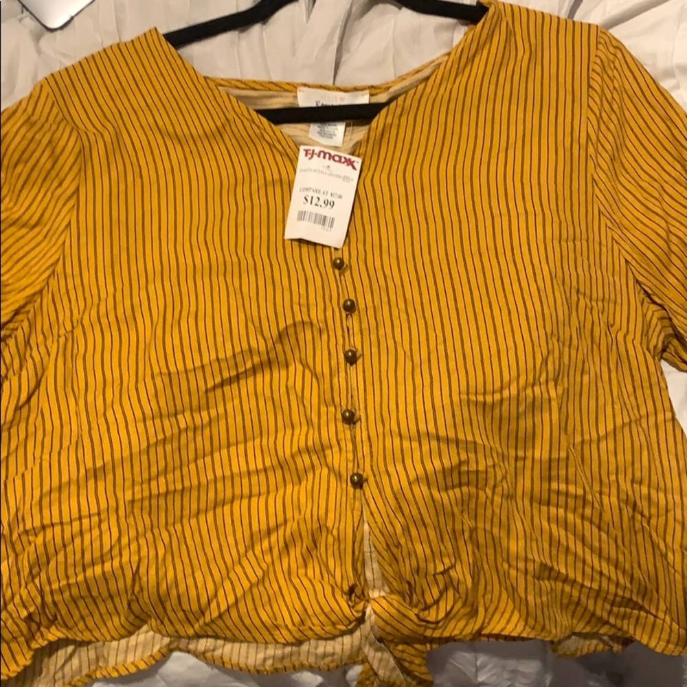 Yellow with gold buttons striped shirt